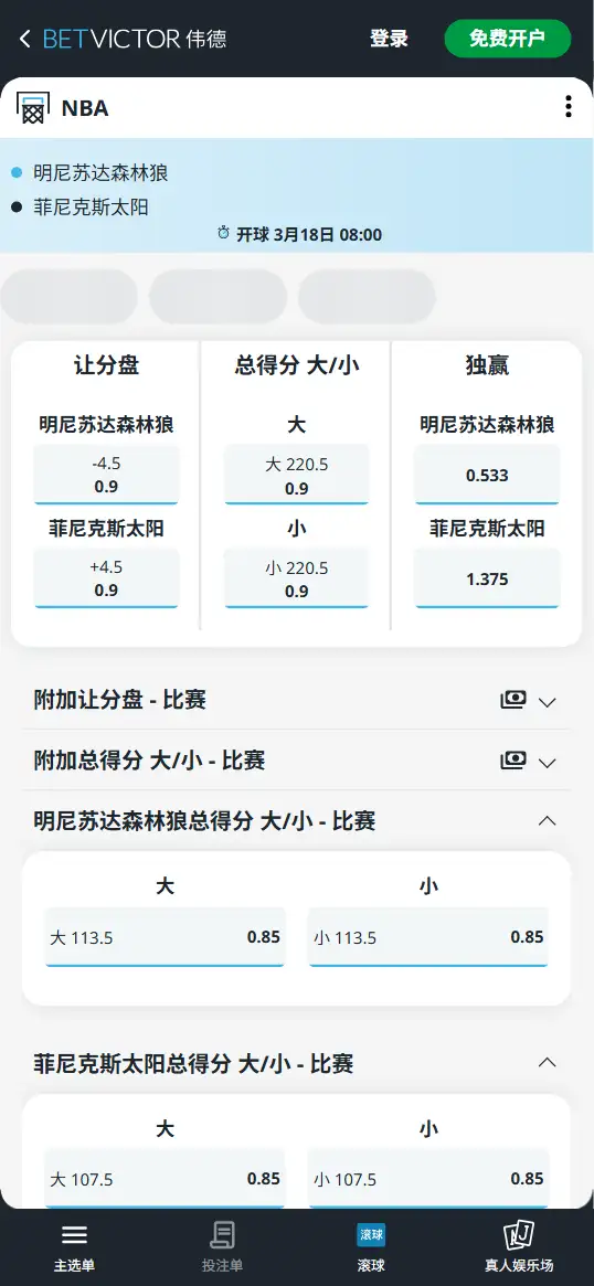 森林狼vs太阳-NBA博彩赔率和盘口信息-伟德(betvictor)提供