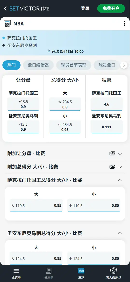 国王vs马刺-NBA博彩赔率和盘口信息-伟德(betvictor)提供