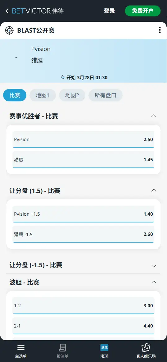 PARIVISION vs Falcons - 反恐精英2 - BLAST鹿特丹 - 赔率盘口信息伟德(BetVictor)提供