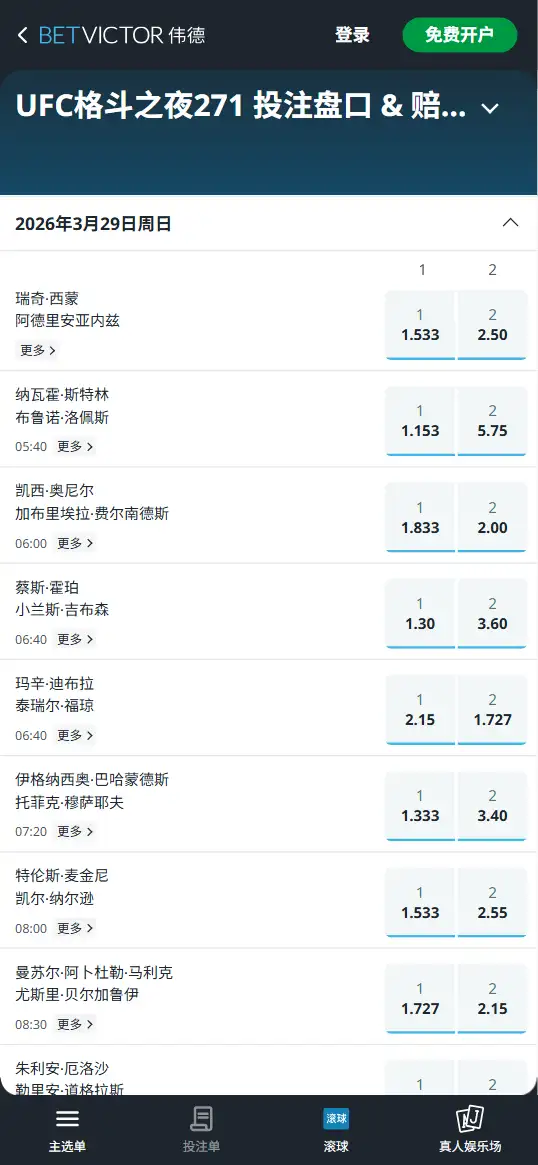 UFC格斗之夜271 - 赔率和盘口信息 - 伟德(BetVictor)提供