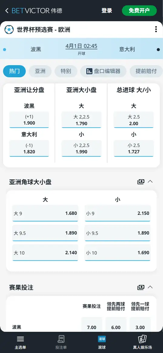 波黑vs意大利，世界杯欧洲区预选赛附加赛赔率和盘口信息-伟德(BetVictor)提供