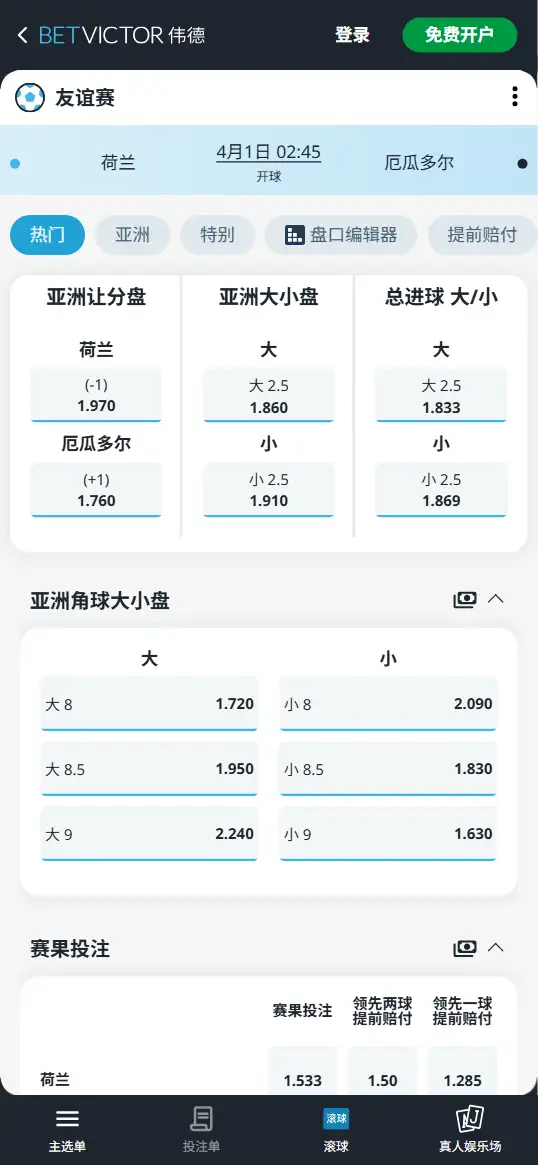 荷兰vs厄瓜多尔，友谊赛赔率和盘口信息-伟德(BetVictor)提供