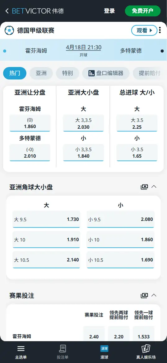 霍芬海姆vs多特蒙德,德甲赔率和盘口信息-伟德(BetVictor)提供