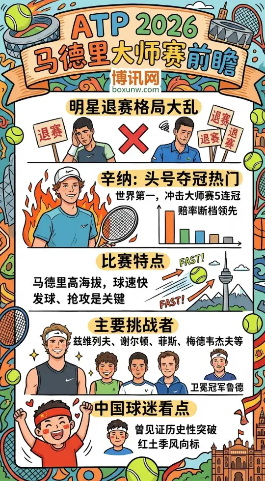 2026马德里大师赛前瞻|辛纳领衔冲冠,阿尔卡拉斯与德约退赛,冠军赔率明显倾斜