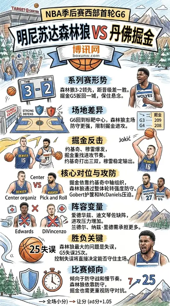 G6生死战!森林狼vs掘金前瞻分析:前5场均仅221.8分,约基奇力争客场破局