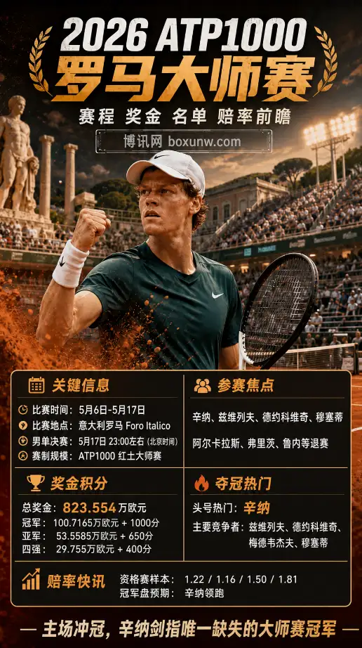 2026 ATP1000罗马大师赛前瞻 | 赛程奖金参赛名单赔率 | 辛纳冲击金大师