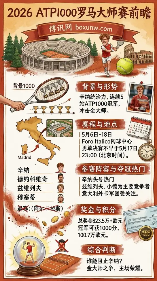 德约冲击赛会第7冠遭围剿?2026罗马大师赛5大夺冠热门解析,辛纳迎终极考验
