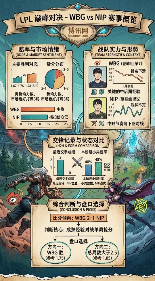 季后赛门票的生死局!WBG与NIP的第2回合较量,2大盘口方向与比分预测