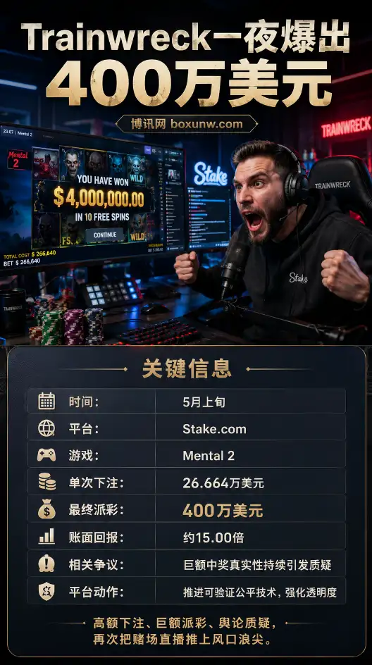 Trainwreck直播豪赌再中400万美元 | Stake老虎机事件 | 大额中奖与争议观察