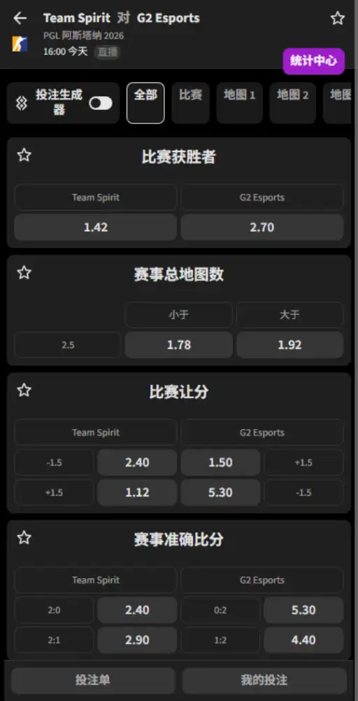 Spirit vs G2 - PGL阿斯塔纳2026八强 - 赔率盘口信息必威(Betway)提供