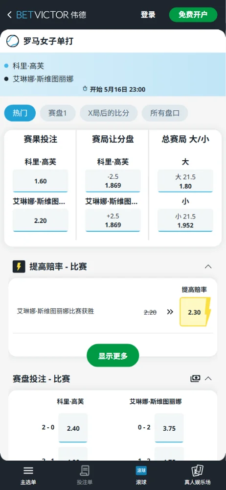 高芙vs斯维托丽娜 - WTA1000罗马站决赛 - 赔率盘口信息伟德(BetVicvtor)提供