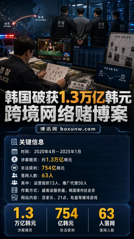 韩国破获1.3万亿韩元跨境网络赌博案 | 越南设点 | 63人落网 | 754亿韩元被追缴