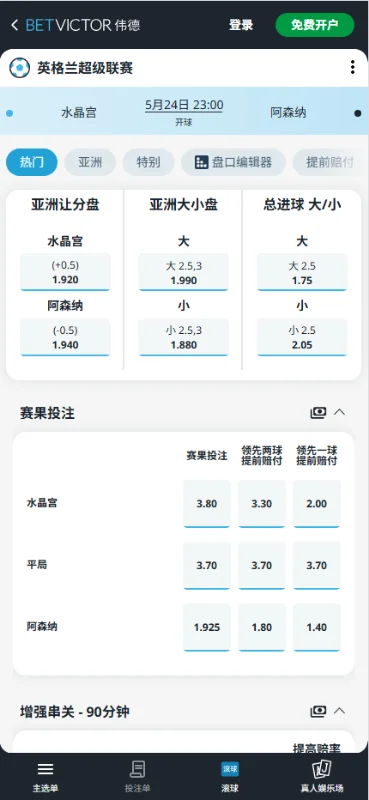 水晶宫vs阿森纳,英超赔率和盘口信息-伟德(BetVictor)提供