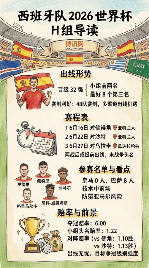 皇马0人巴萨8人!2026世界杯西班牙26人名单出炉,H组出线形势全解析