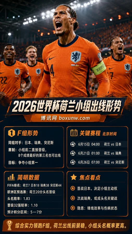 荷兰队2026世界杯小组出线形势 | F组赛程 | 阵容名单 | 赔率与前景分析