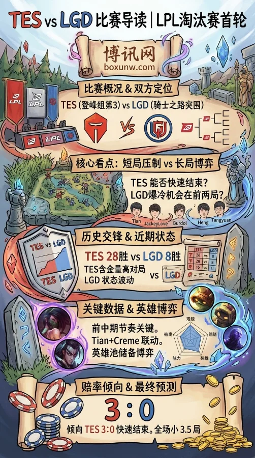LPL淘汰赛数据前瞻：TES让2.5局赔率达2.56，LGD拿什么拖入第4局