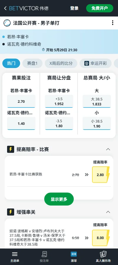 丰塞卡 vs 德约科维奇 - 2026法网男单 - 赔率盘口信息伟德(BetVictor)提供