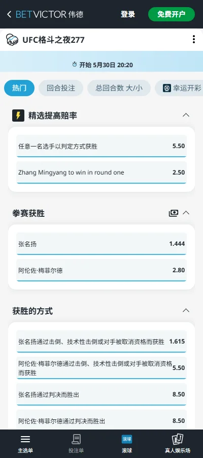 UFC格斗之夜277 - 张名扬 - 赔率和盘口信息-伟德(BetVictor)