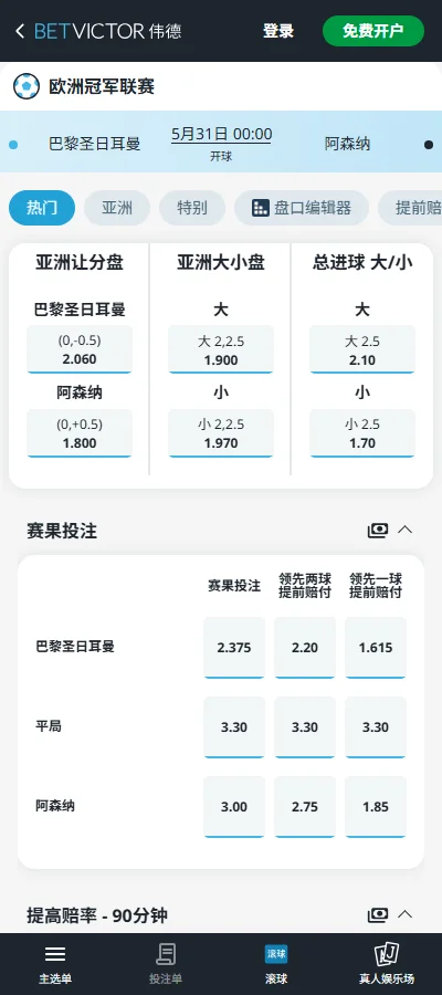 巴黎圣日耳曼vs阿森纳，欧冠决赛赔率和盘口信息-伟德(BetVictor)提供