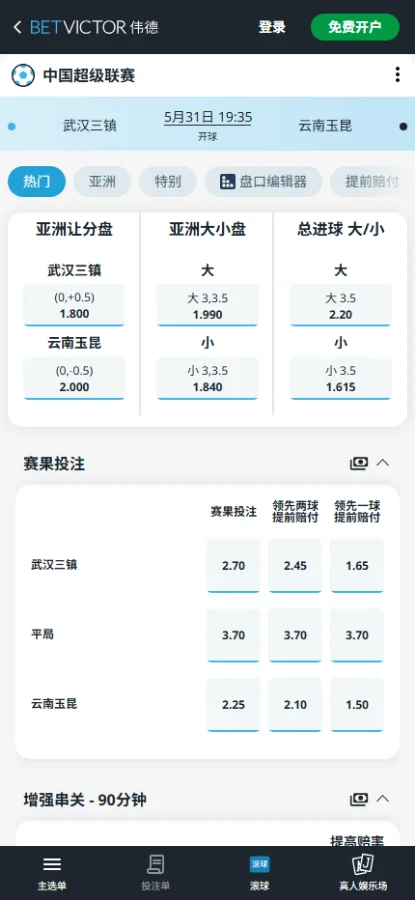 武汉三镇vs云南玉昆,中超赔率和盘口信息-伟德(BetVictor)提供