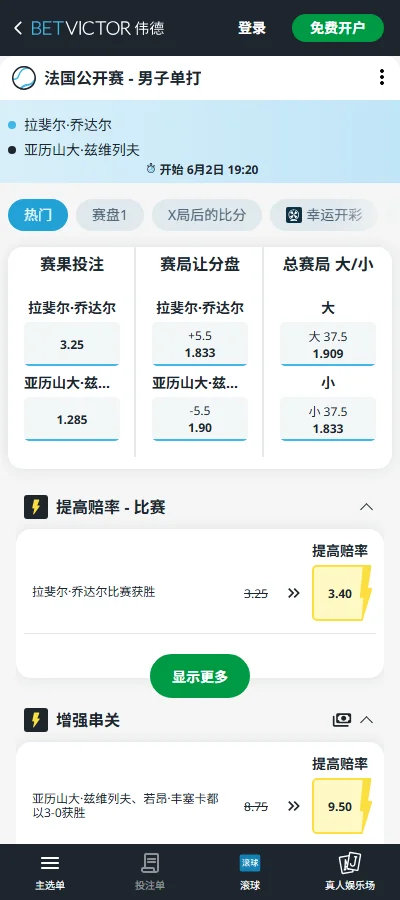 霍达尔vs兹维列夫 - 2026法网男单 - 赔率盘口信息伟德(BetVictor)提供