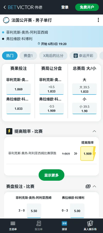 阿利亚西姆vs科博利 - 2026法网男单1/4决赛赔率盘口信息伟德(BetVictor)提供