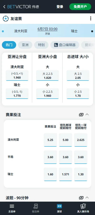 澳大利亚vs瑞士-国际友谊赛盘口和赔率-伟德(Betvictor)