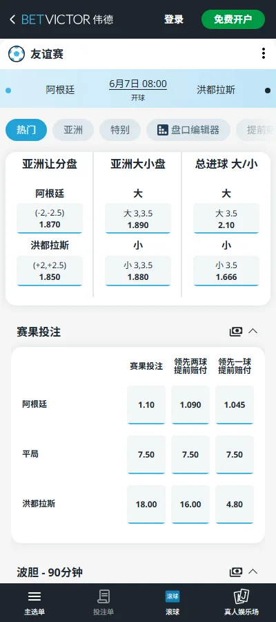 阿根廷vs洪都拉斯-国际友谊赛盘口和赔率-伟德(Betvictor)
