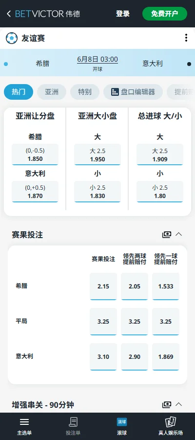 希腊vs意大利-国际友谊赛盘口和赔率-伟德(Betvictor)