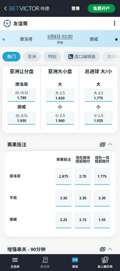 摩洛哥vs挪威-国际友谊赛盘口和赔率-伟德(Betvictor)