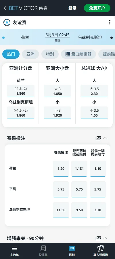 荷兰vs乌兹别克-国际友谊赛盘口和赔率-伟德(Betvictor)