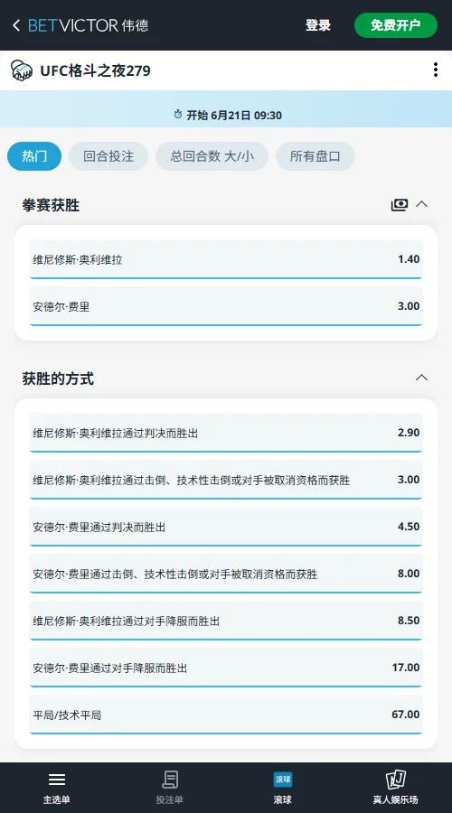 UFC格斗之夜279- 奥利维拉 vs 菲利-伟德(Betvictor)赔率和盘口