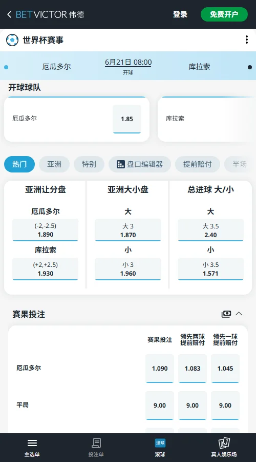 赛前赔率:厄瓜多尔vs库拉索-来自伟德(Betvictor)