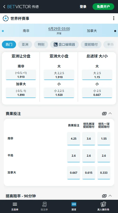 南非vs加拿大 - 2026世界杯淘汰赛赔率和盘口-伟德(Betvictor)