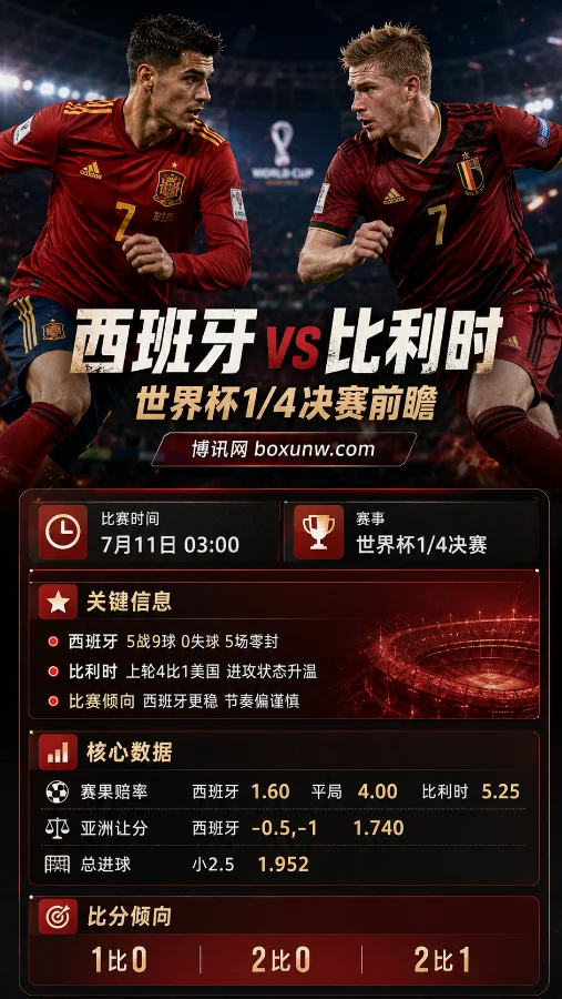 西班牙vs比利时 | 世界杯1/4决赛 | 赔率解读 | 赛前分析与投注方案