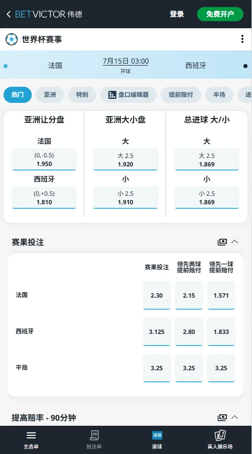 法国vs西班牙 - 2026世界杯赔率和盘口-伟德(Betvictor)