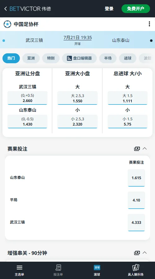 武汉三镇vs山东泰山,足协杯赔率和盘口信息-伟德(BetVictor)提供