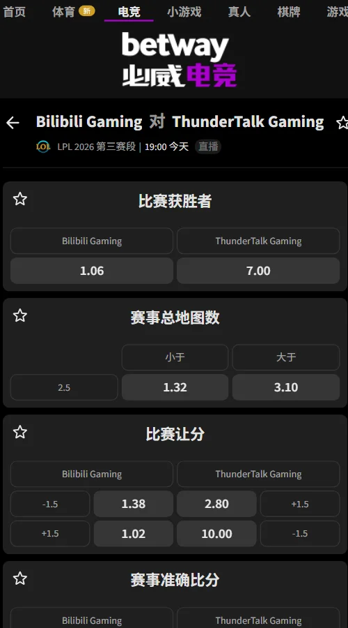 BLG vs TT - 英雄联盟LPL赔率盘口(必威Betway)