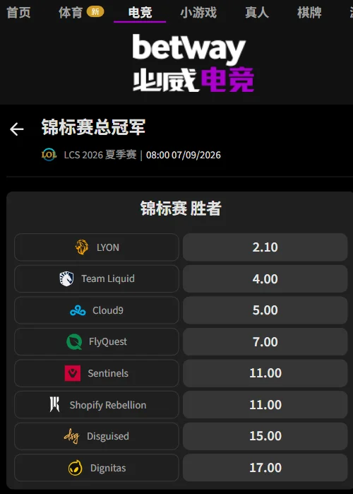 英雄联盟LCS夏季赛赔率盘口(必威Betway)