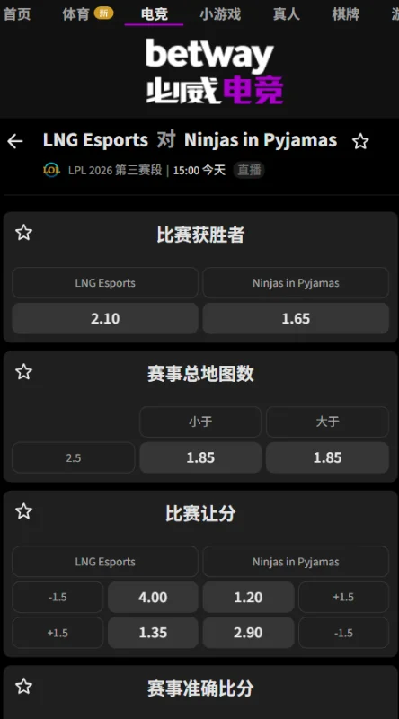 LNG vs NIP - 英雄联盟LPL赔率盘口(必威Betway)