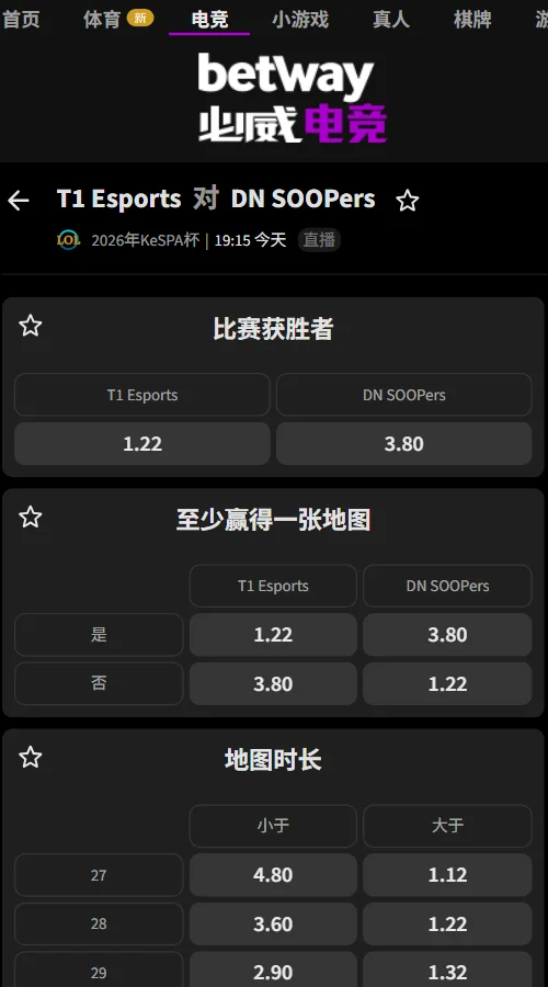 T1 vs DNS - 2026英雄联盟KeSPA杯赔率-必威(Betway)提供