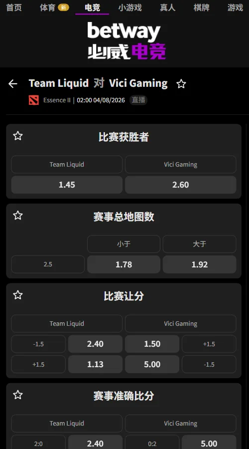 Liquid vs VG - Essence S2赔率盘口信息由必威(Betway)提供