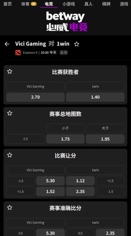 VG vs 1win | 1win Essence II败者组赔率由必威(Betway)提供