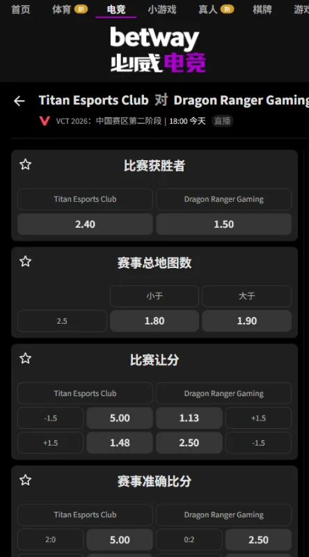 TEC vs DRG - VCT CN2026第二阶段赔率信息必威(Betway)提供
