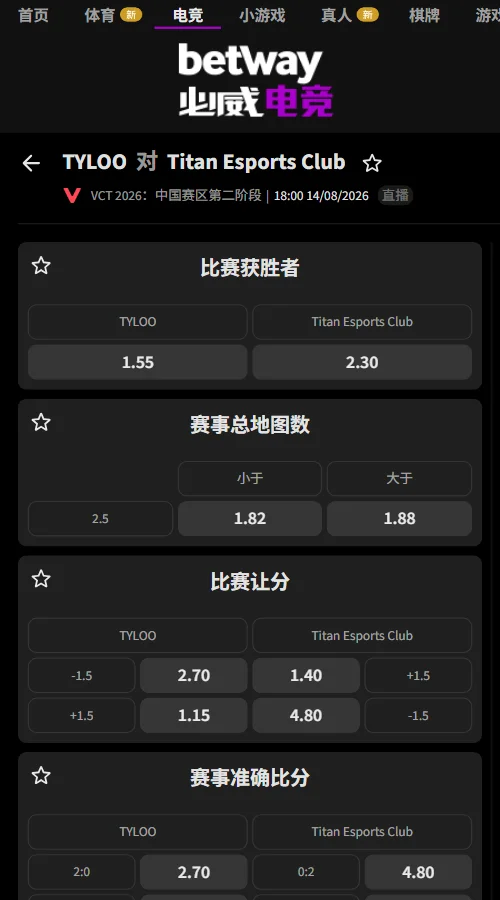 TYL vs TEC - VCT CN2026第二阶段赔率信息必威(Betway)提供