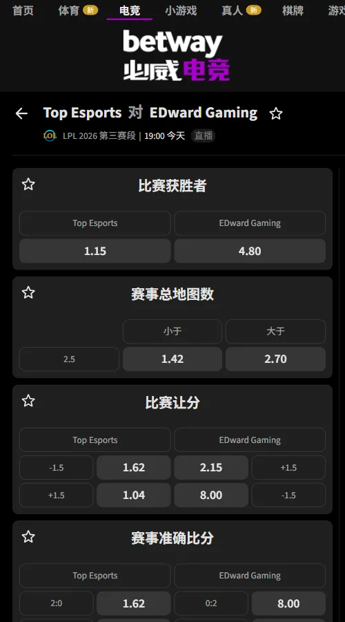 TES vs EDG - 英雄联盟LPL赔率盘口(必威Betway)