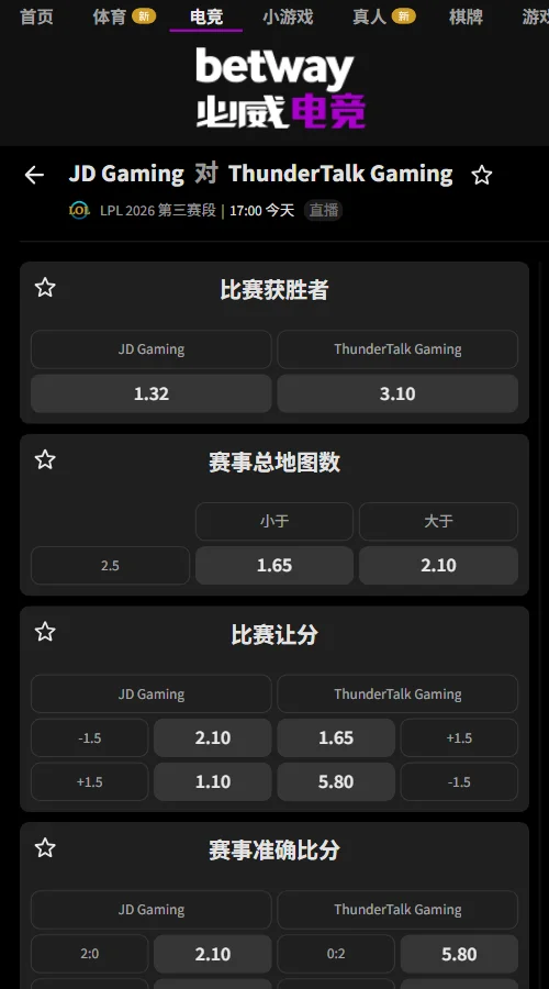 TT vs JDG - 英雄联盟LPL赔率盘口(必威Betway)