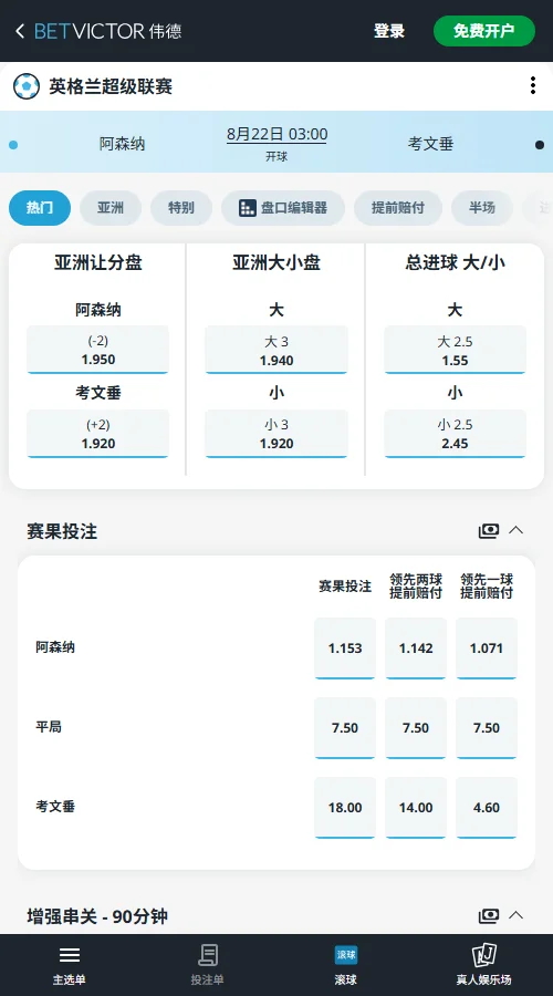 阿森纳vs考文垂,英超揭幕战赔率-伟德(BetVictor)提供