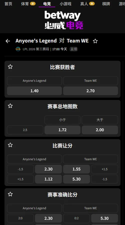 AL vs WE - 英雄联盟LPL赔率盘口(必威Betway)