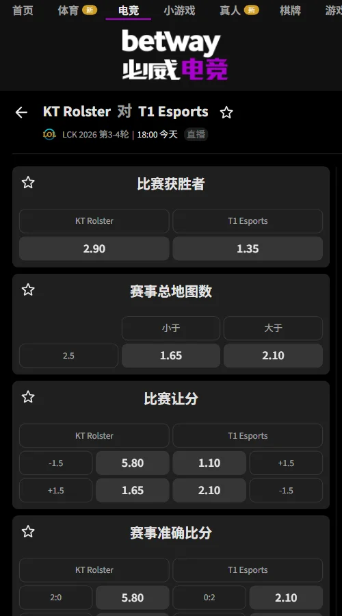 KT vs T1 - 英雄联盟LCK赔率盘口(必威Betway)